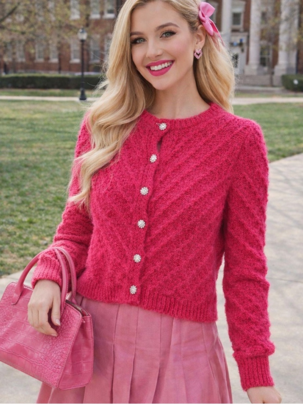 ONLY Life Pink Fuzzy Knit Cardigan Medium Barbiecore Rhinestone Buttons